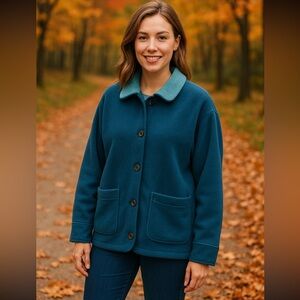 Vtg LL Bean Fleece Chore Barn Coat Womans M Blue/ Green Button Up Warm USA Made